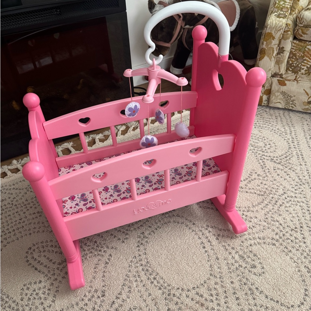 Pink Doll Cradle with Mobile